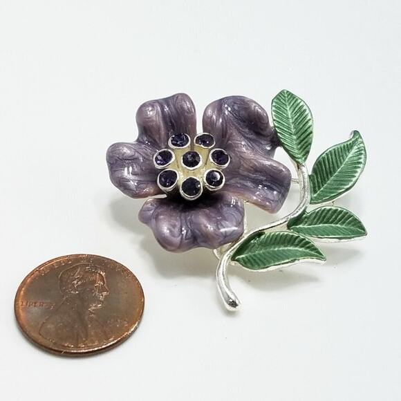 Vintage Purple Green Enamel Flower Brooch, Silver Tone, 1 1/2 In, 1990s - Picture 3 of 8